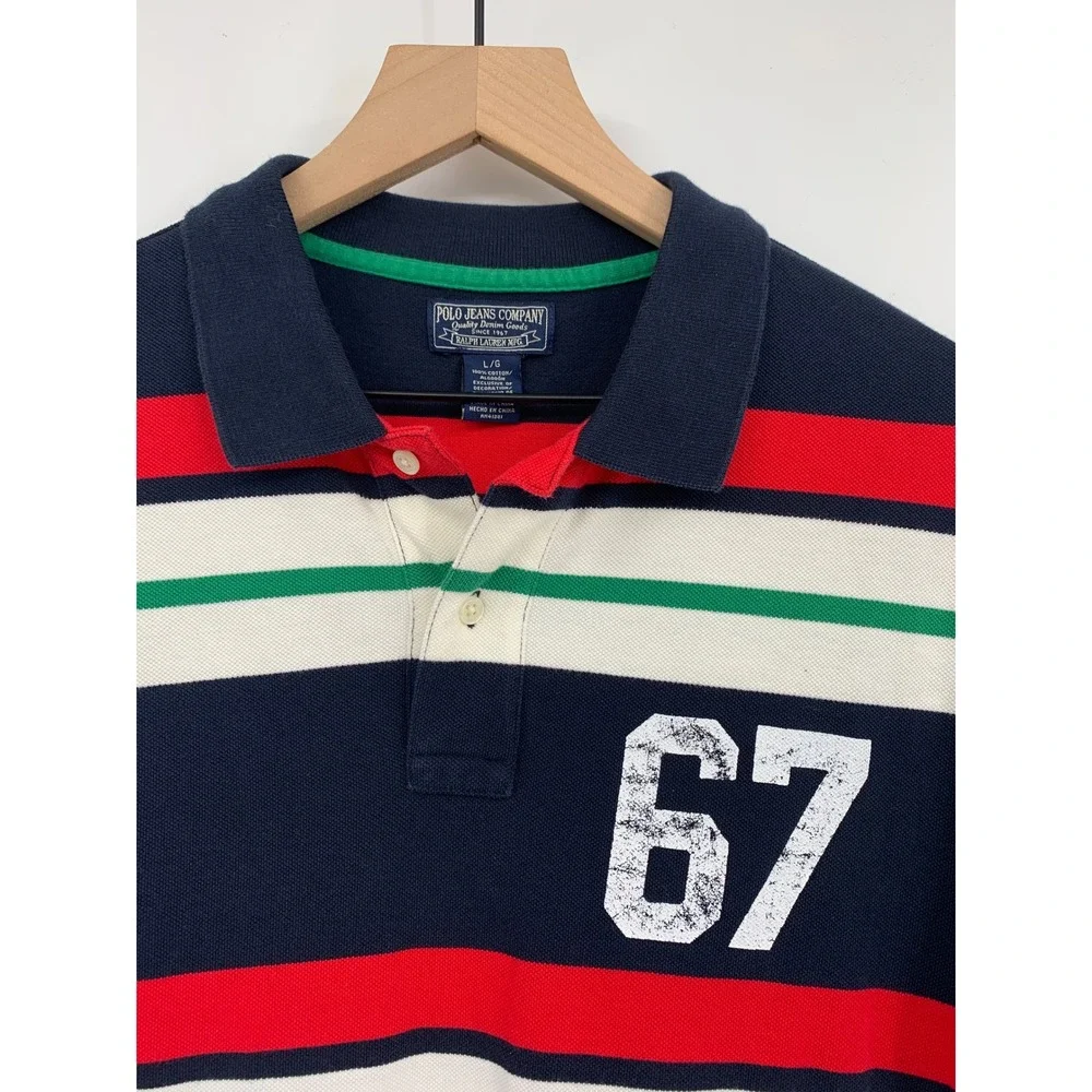 Vintage Ralph Lauren Polo Shirt Mens Large Blue Red Striped 67 Colorful Preppy
